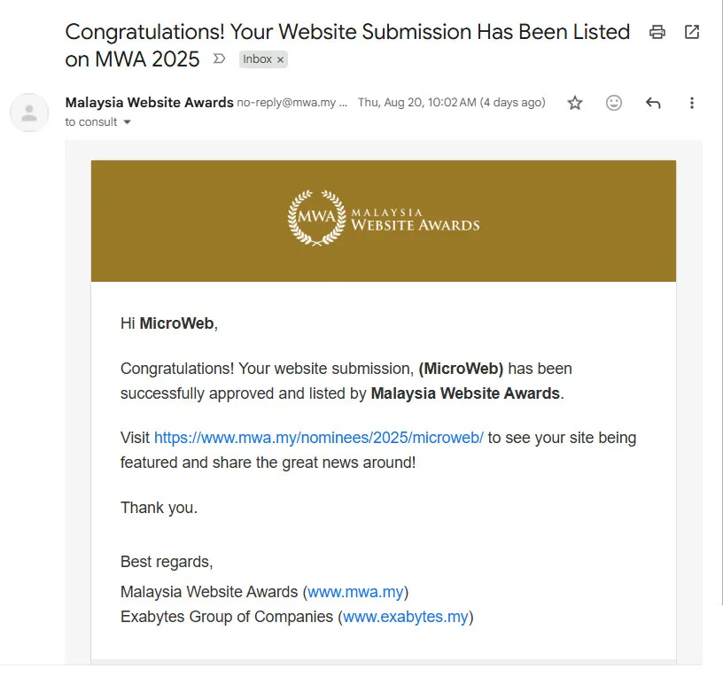 Malaysia Website Awards Official Notification